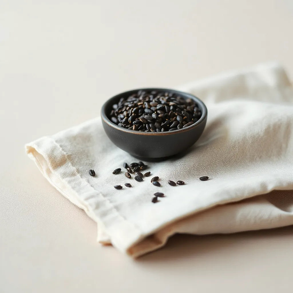 Black nigella sativa seeds in a dark bowl on a light linen background