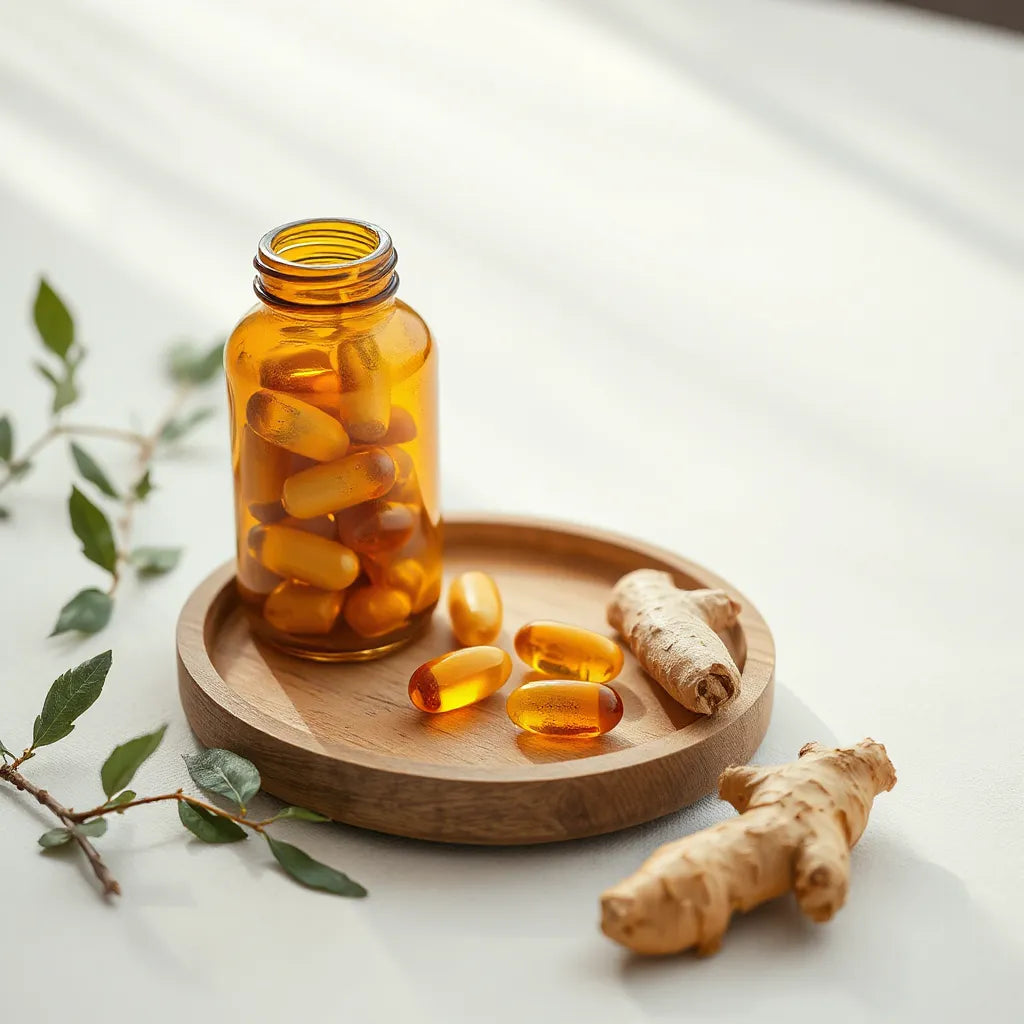 Herbal supplement capsules with ginger and turmeric on a minimal wooden tray