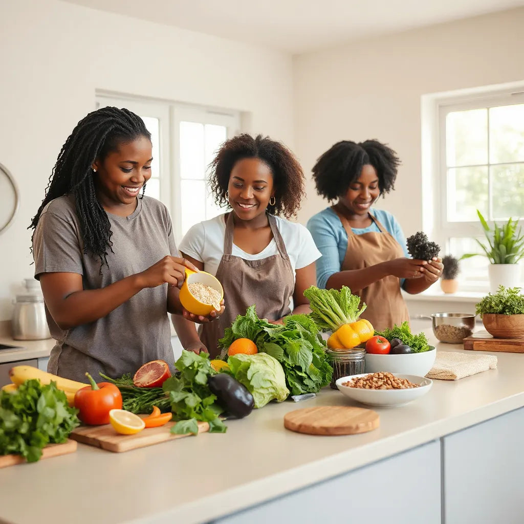 African American adults preparing fresh vegetables and whole grains in a bright home kitchen