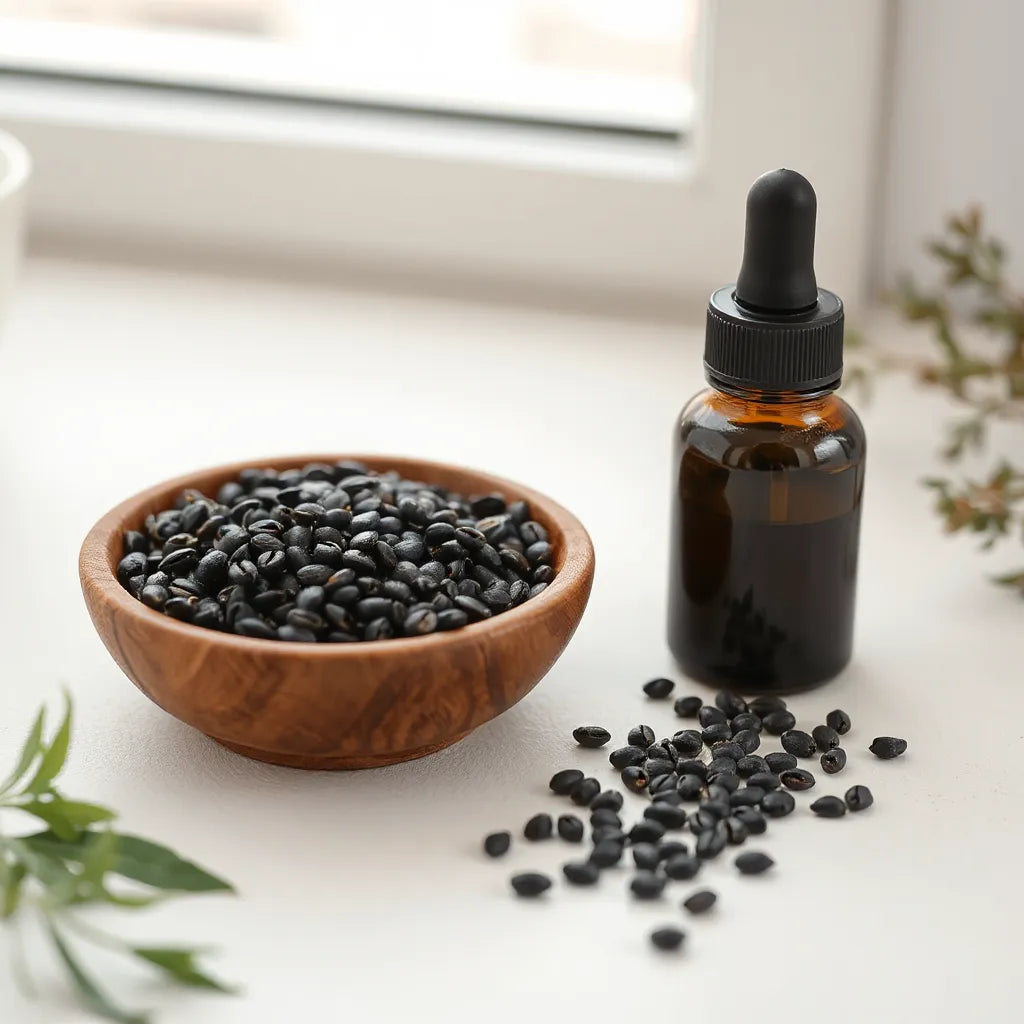 Black nigella seeds and black seed oil in a glass dropper bottle on a light background