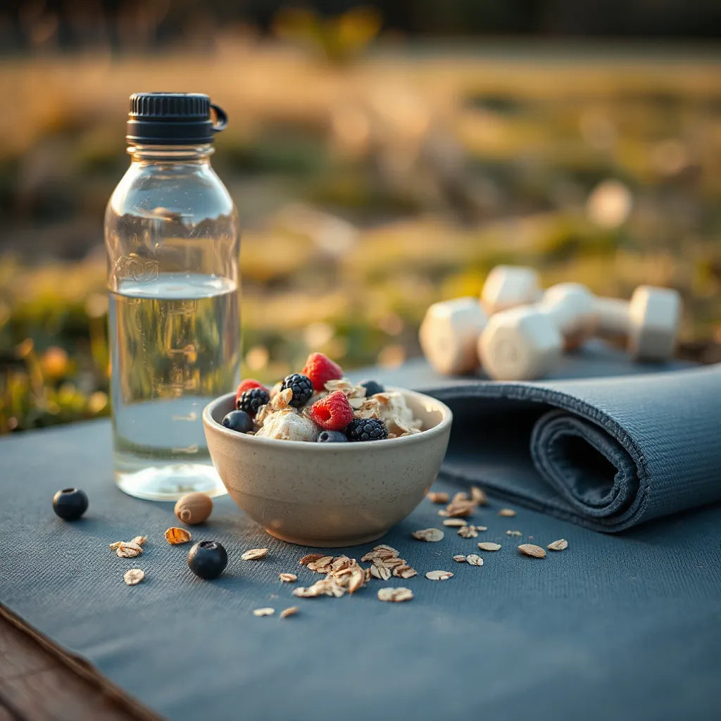 Athlete’s training setup with a bowl of natural foods and water bottle beside a yoga mat