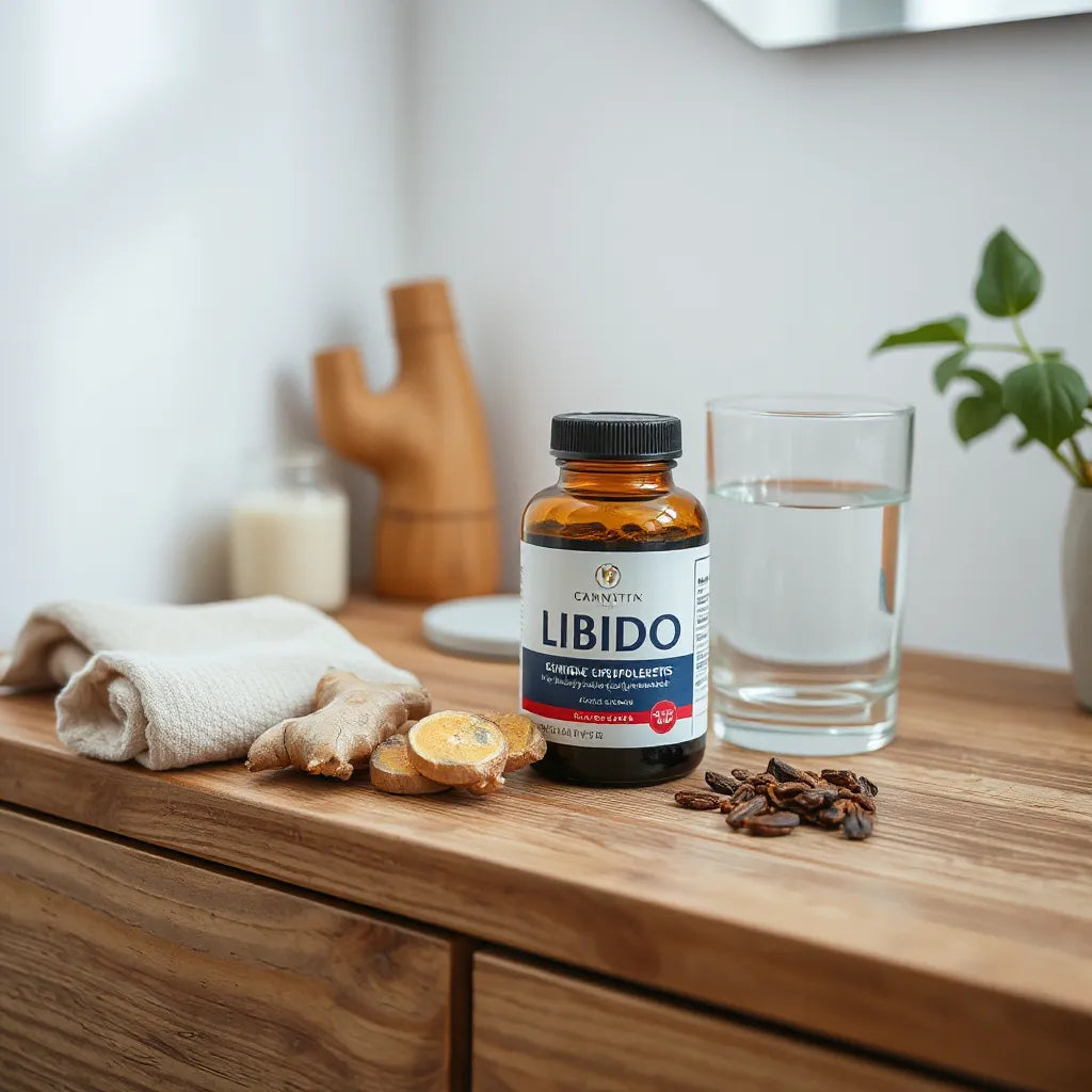 Dietary supplement bottle and natural ingredients on a clean bathroom counter with soft morning light