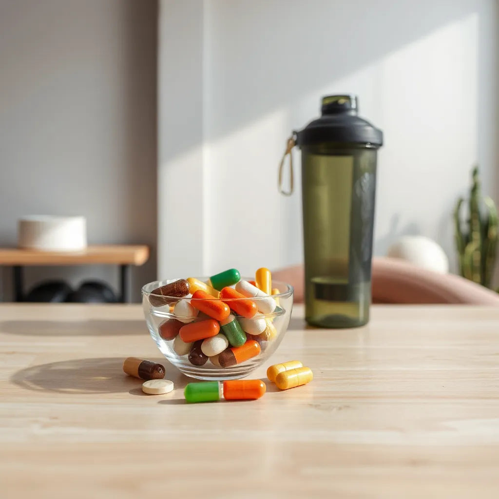 Natural supplement capsules and a shaker bottle on a light wooden table for workout recovery