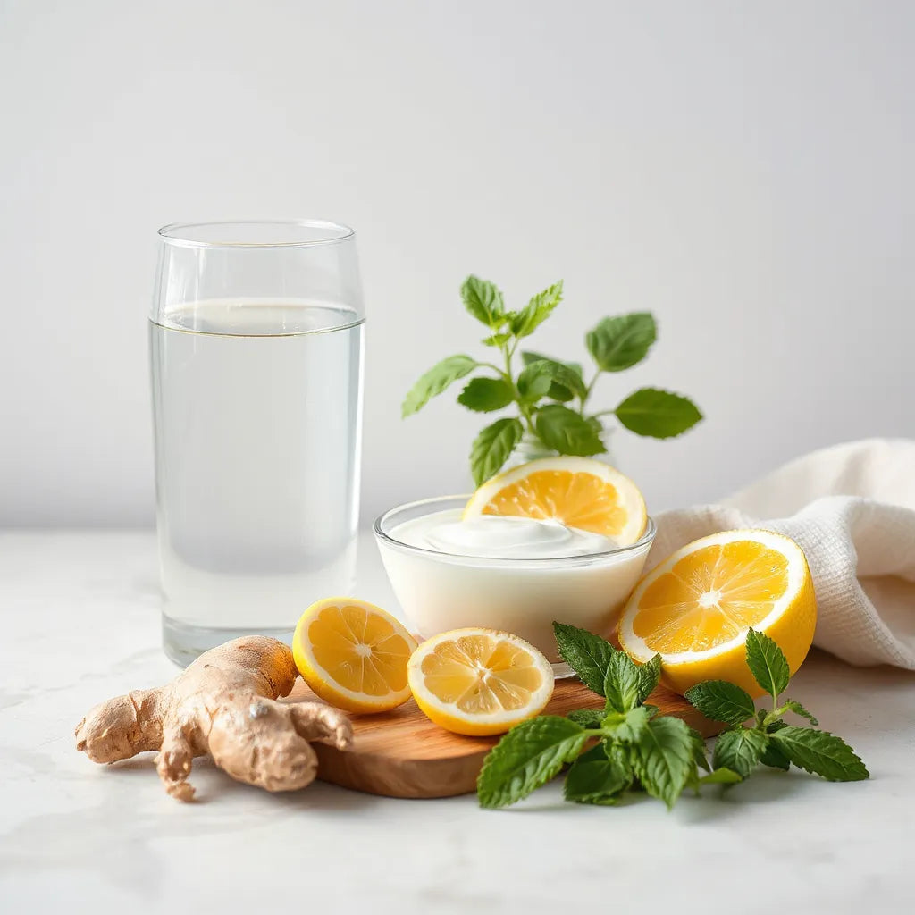 Glass of water and yogurt with ginger and herbs on a bright kitchen countertop