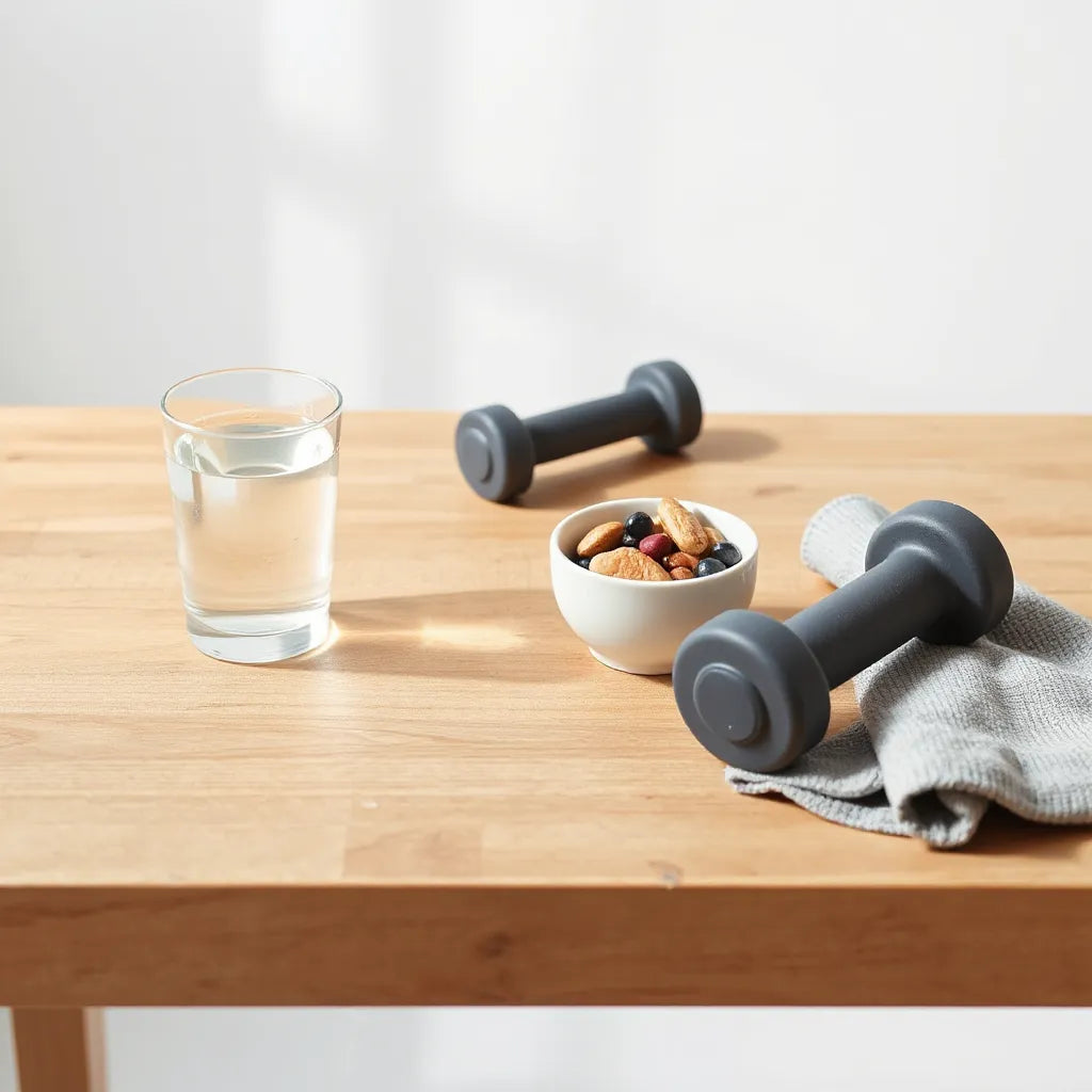 Minimal morning setup with water, whole foods, and workout gear for natural performance support