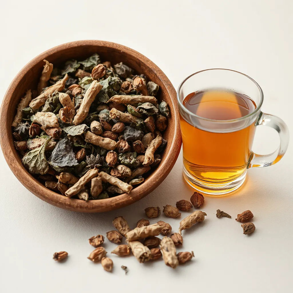 Assorted dried herbs and roots with a glass of warm herbal tea on a light background