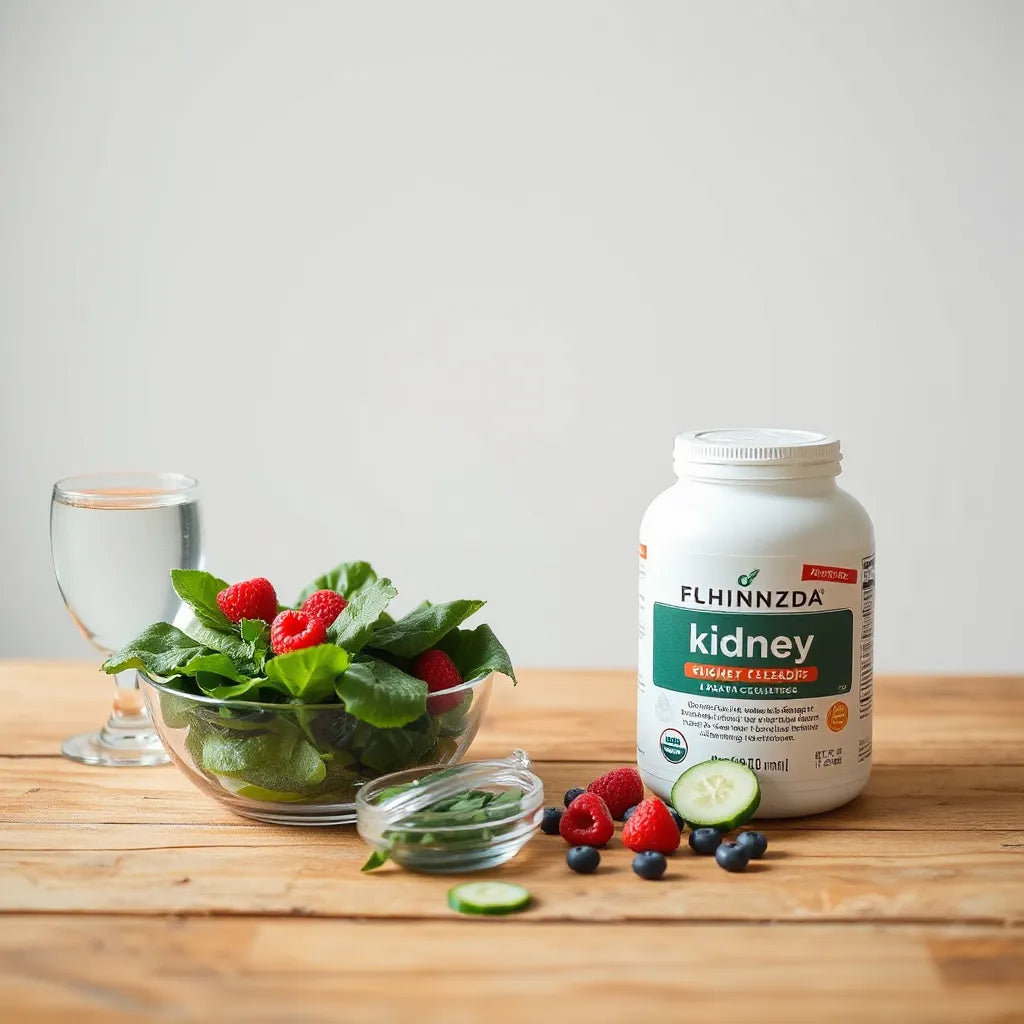 Plant-based foods and water on a clean table, suggesting gentle kidney support care