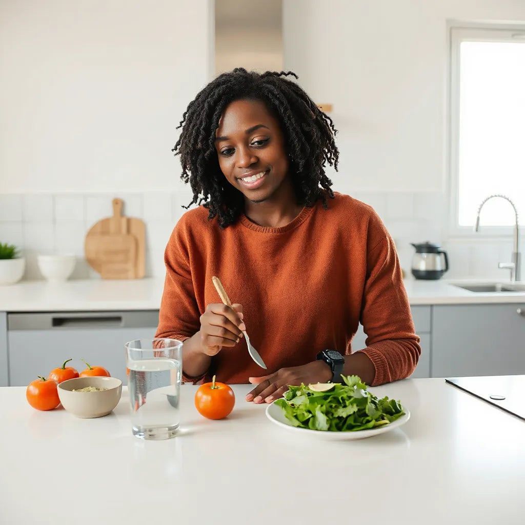 African American adult preparing a healthy meal in a bright kitchen with fresh vegetables and greens
