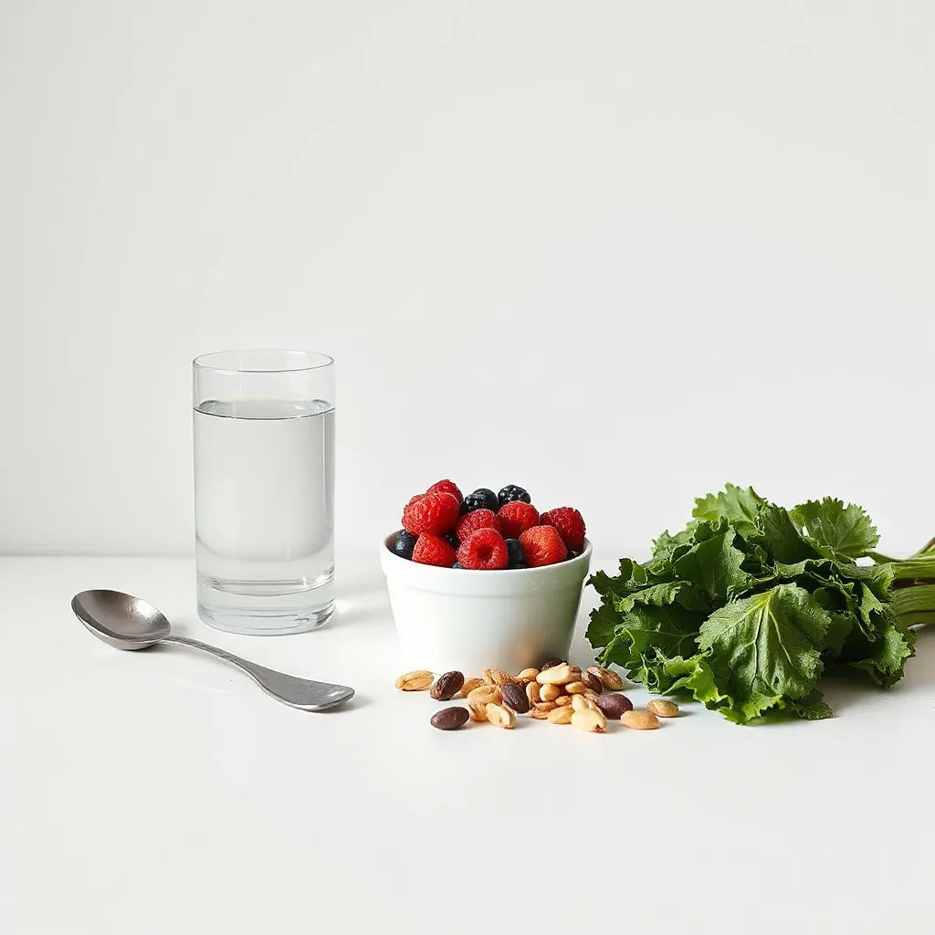 Fresh whole-food ingredients and water on a clean kitchen counter for mindful weight management.