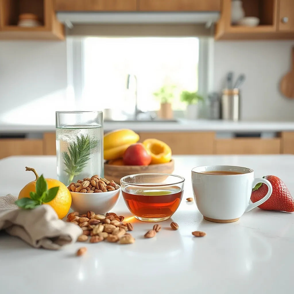 Morning table with herbal tea, water, nuts and seeds, and fresh fruit for natural energy support