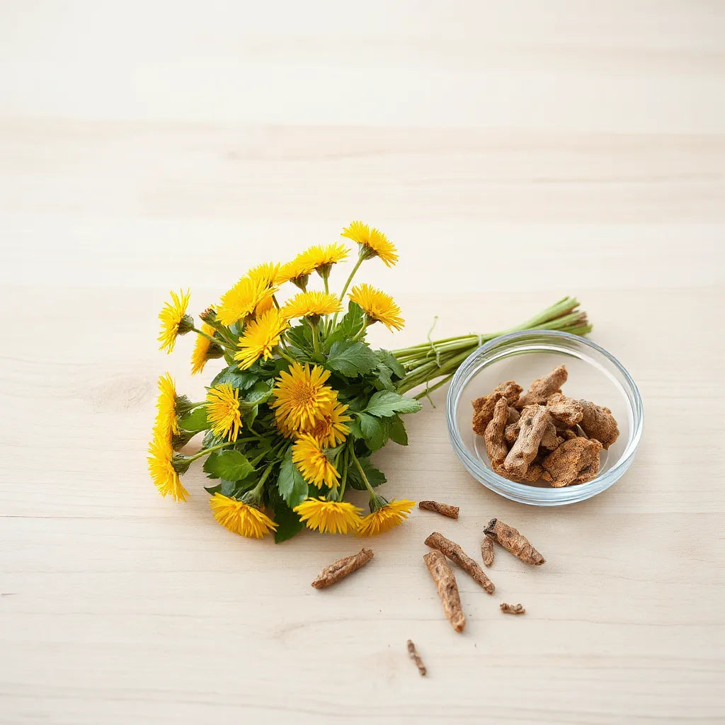Fresh dandelion leaves and yellow flowers with dandelion root pieces on a light wood surface