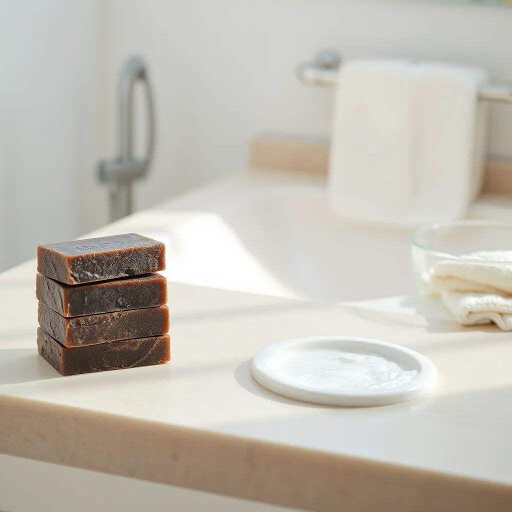 Dark brown African black soap bars with soft lather on a clean bathroom countertop