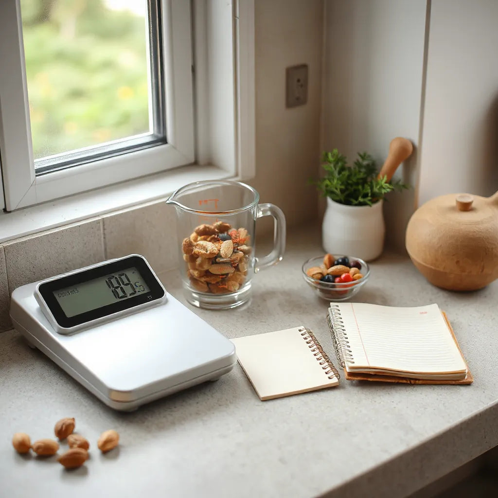 Kitchen scale and measuring tools beside healthy foods on a minimal countertop