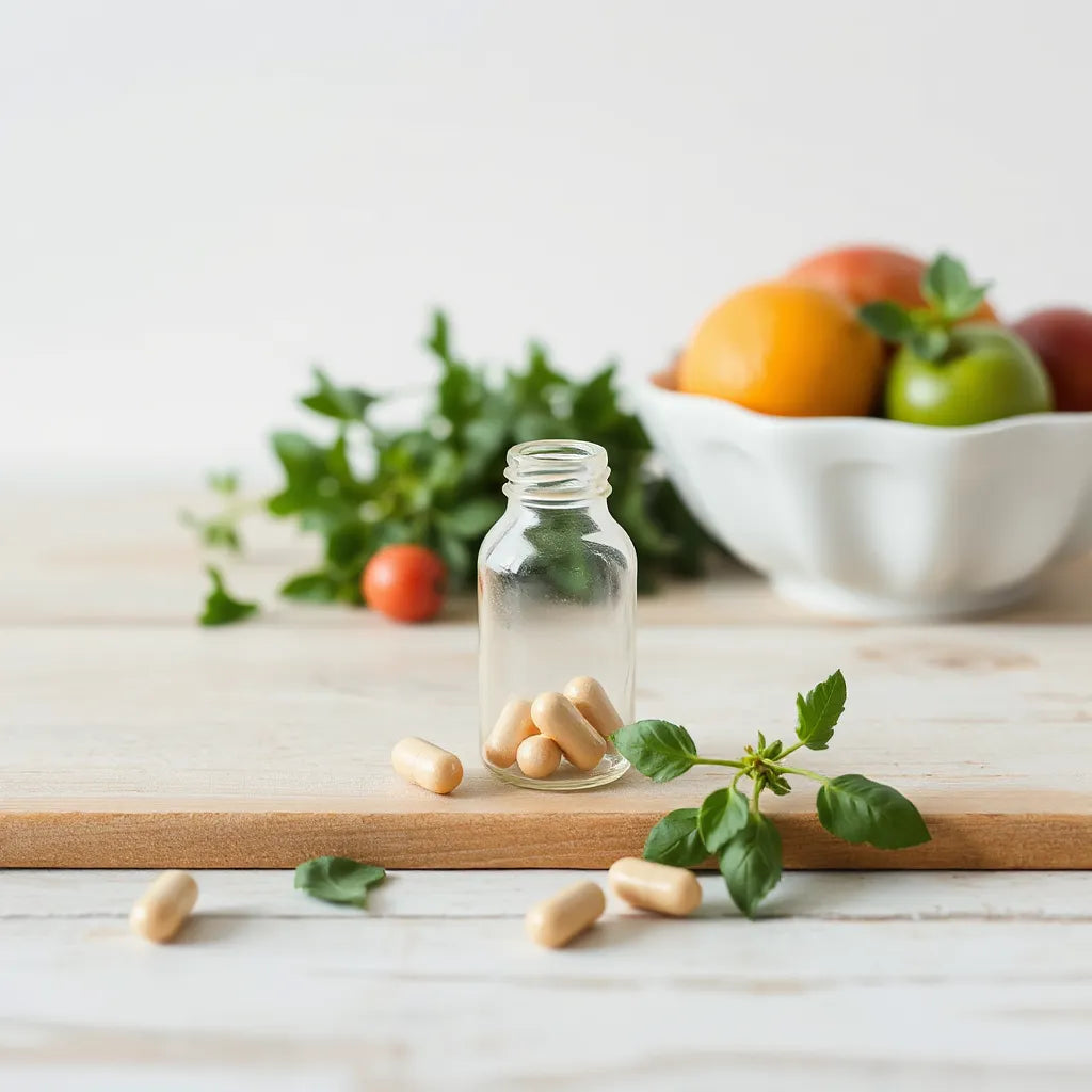 Digestive supplement capsules beside a bottle with fresh green herbs in soft natural light