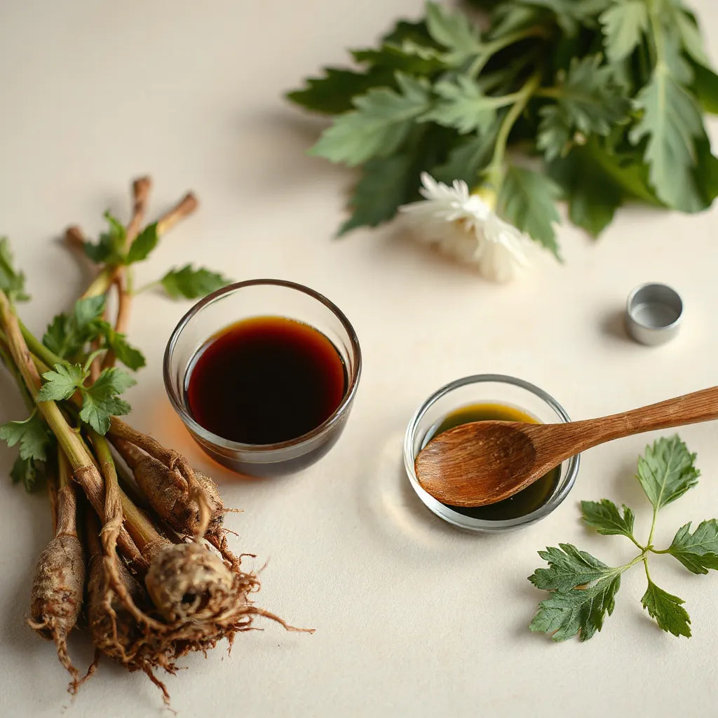 Fresh dandelion roots and leaves with a small vial of herbal tincture on a light background
