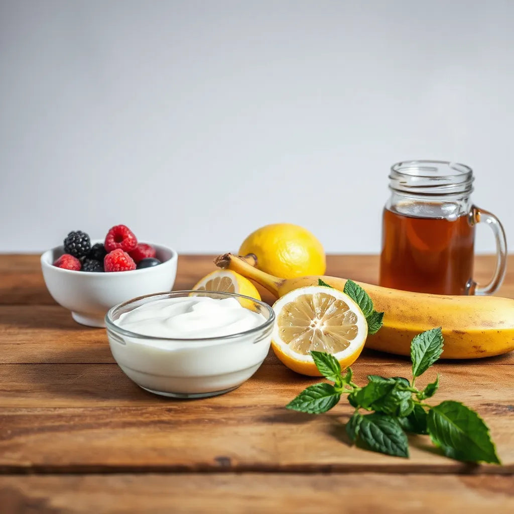 Kitchen ingredients including yogurt, berries, banana, lemon, and herbal tea for digestive support