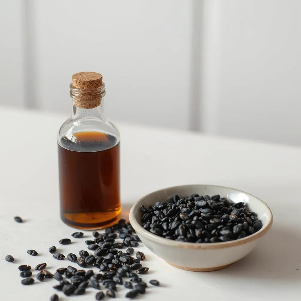 Glass bottle of black seed oil next to a bowl of whole black seeds on a clean surface