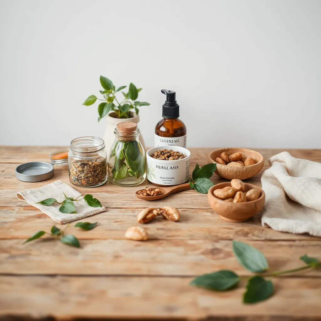 Assorted plant-based health products and botanicals on a wooden table with fresh green leaves