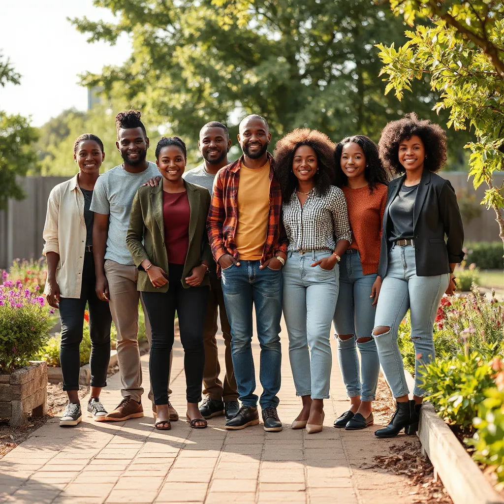 Diverse group of African Americans relaxing together in a sunny community garden