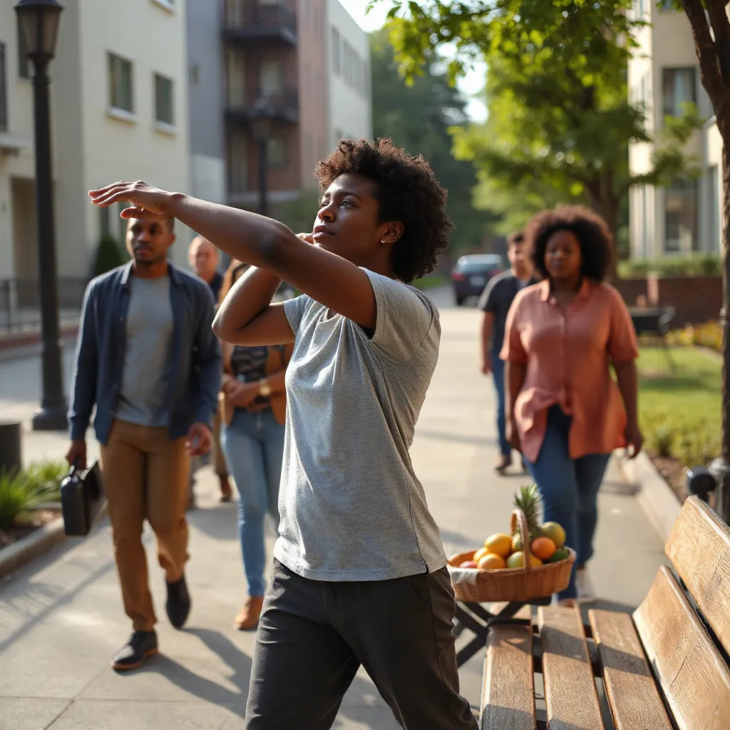 African American adults stretching and walking in morning light with fresh wellness items nearby