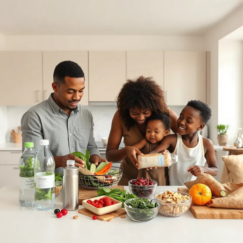 African American family preparing a healthy meal with fresh produce in a bright kitchen