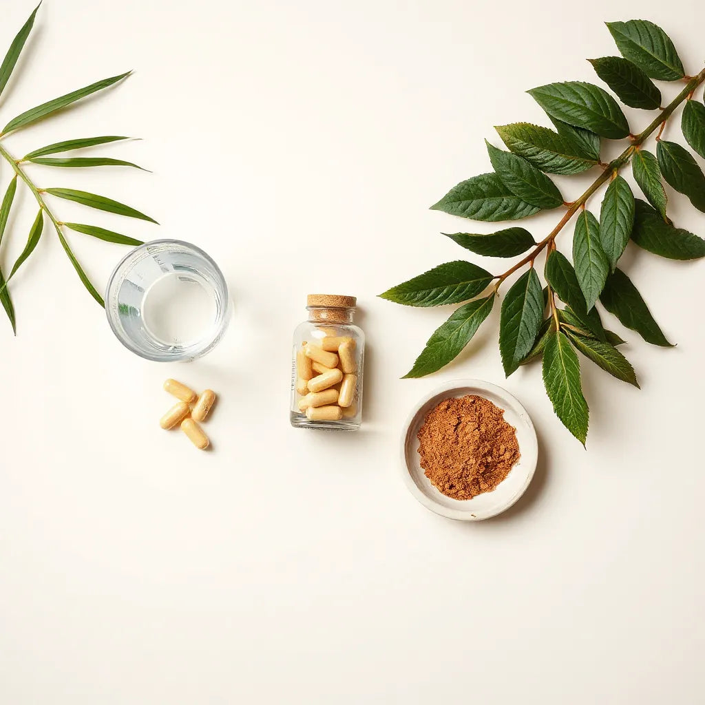 Bottle of capsules beside water and natural libido-boosting ingredients on a clean neutral background