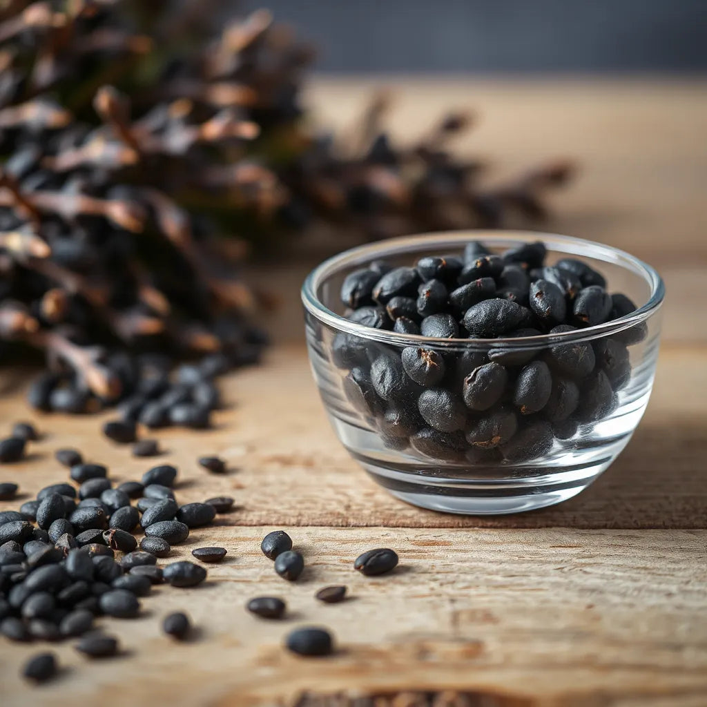 Organic black seed capsules in a small bowl with a few black seed grains nearby