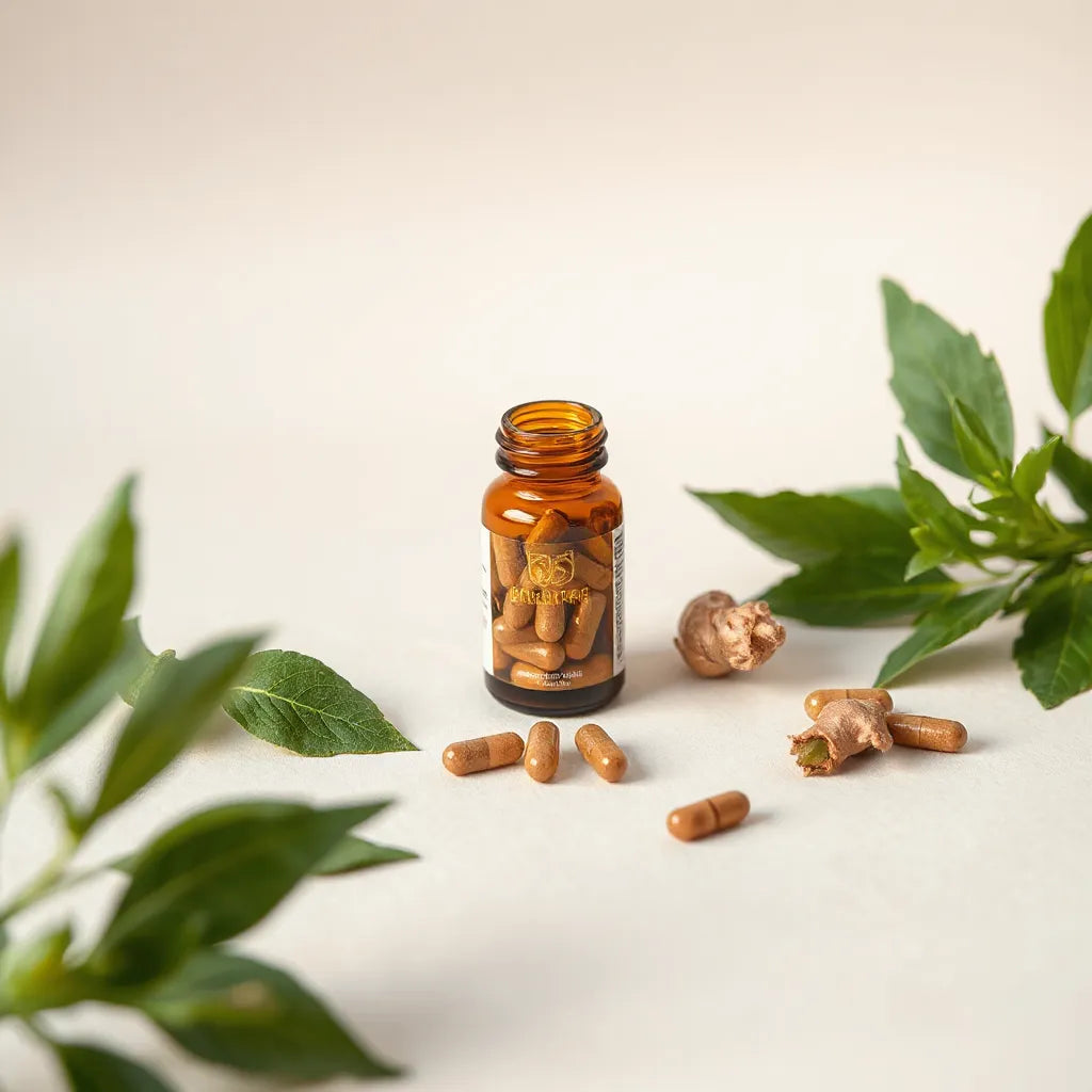 Bottle of herbal capsules with a few loose pills beside fresh green herbs on a light background