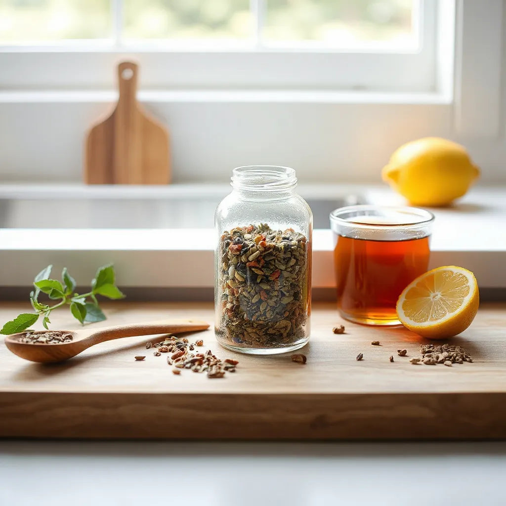 Natural ingredients for energy, including herbs and seeds beside herbal tea and a lemon