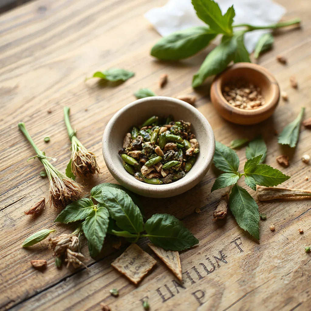 Fresh and dried green herbs arranged on a wooden table with soft natural daylight