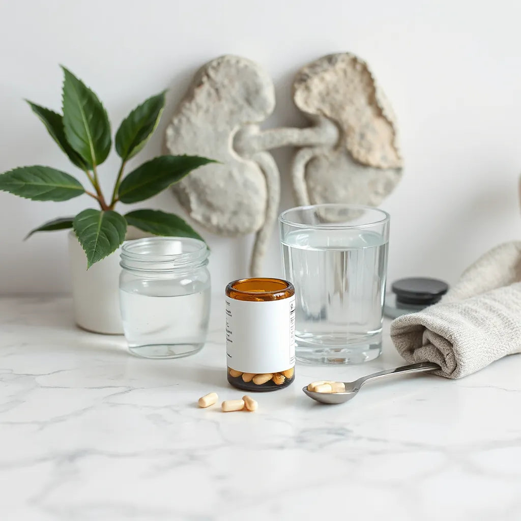 Bottle of supplement capsules with water on a clean counter and subtle natural kidney-themed decor.