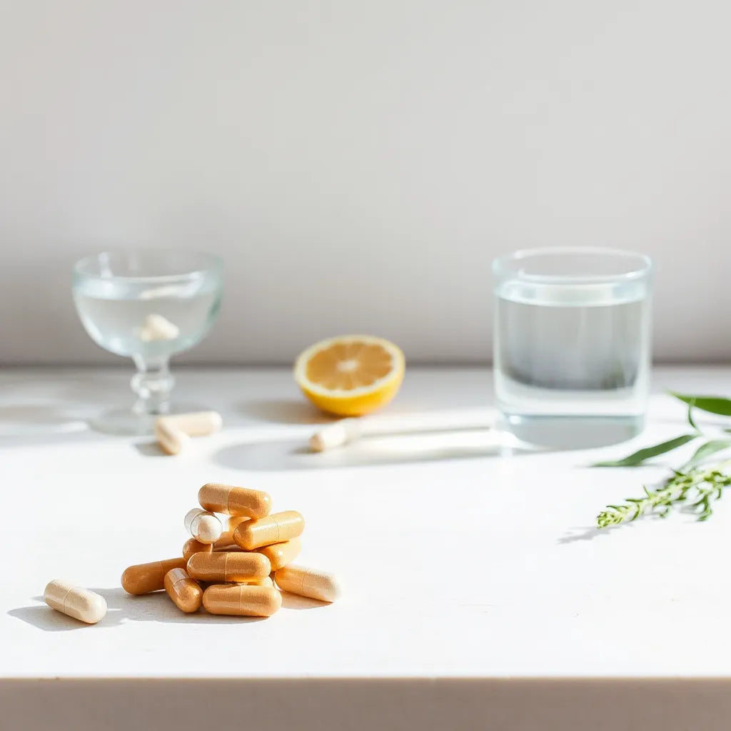 Supplement capsules with a glass of water and fresh lemon and herbs on a clean countertop