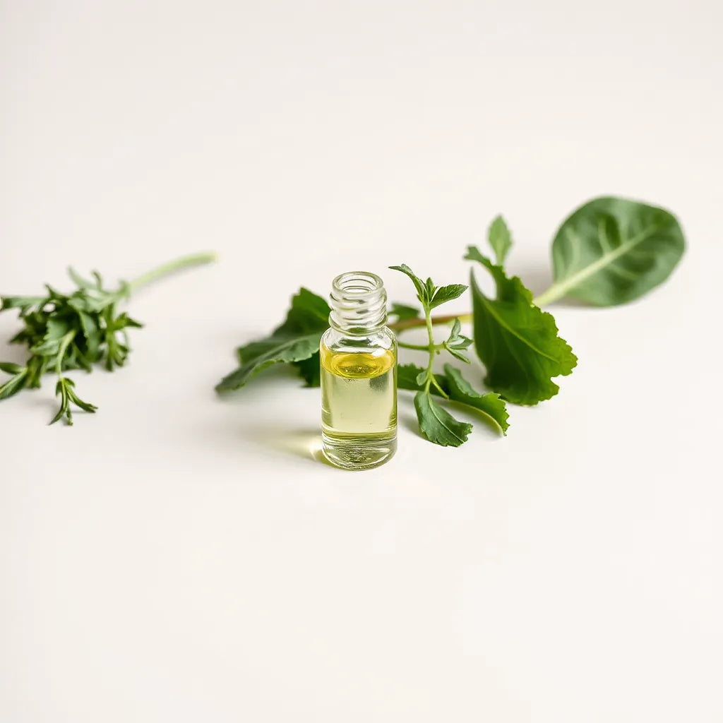 Glass dropper bottle with green plant leaves on a light neutral background