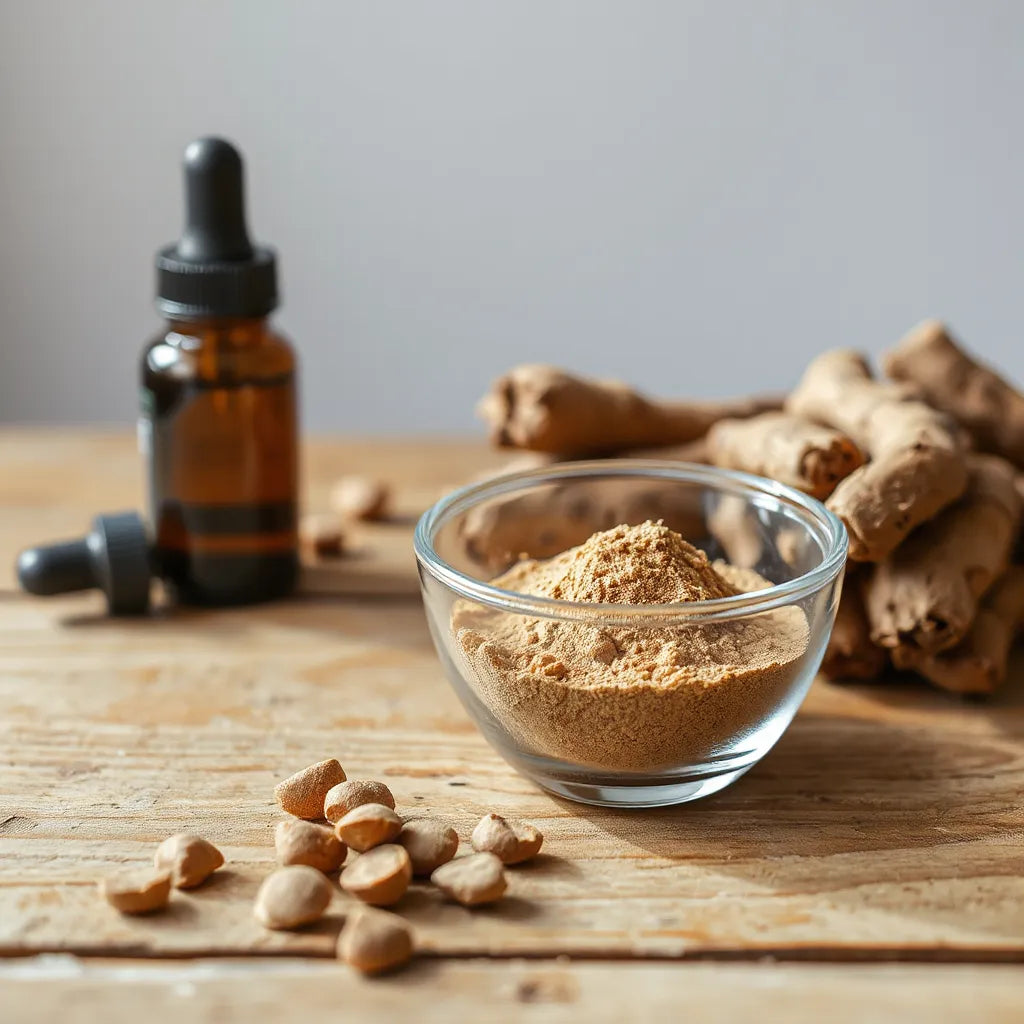 Maca root pieces and a small bowl of tan powder on a wooden surface under soft natural light
