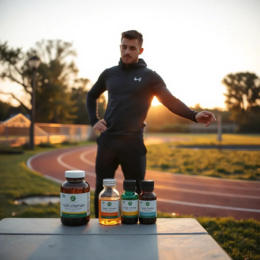 Athletic man stretching at sunrise with a few unlabeled natural supplement bottles beside him on a bench