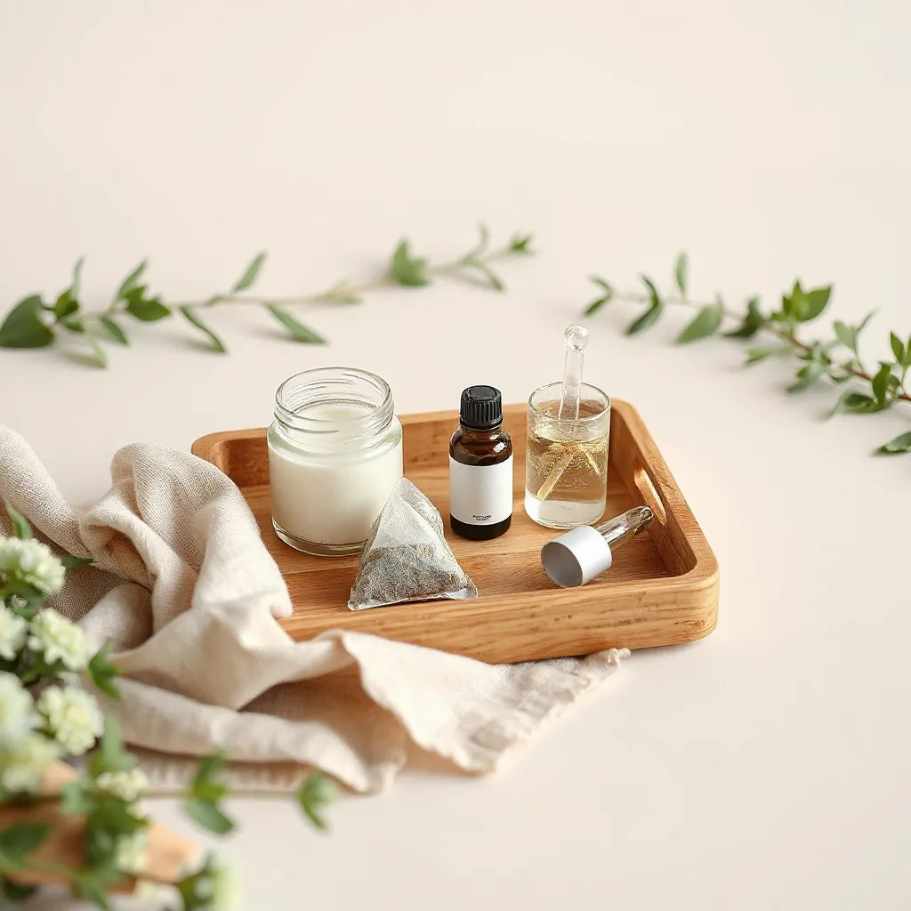 A wooden tray with natural skincare and wellness items, soft greenery, and warm lighting on a neutral background