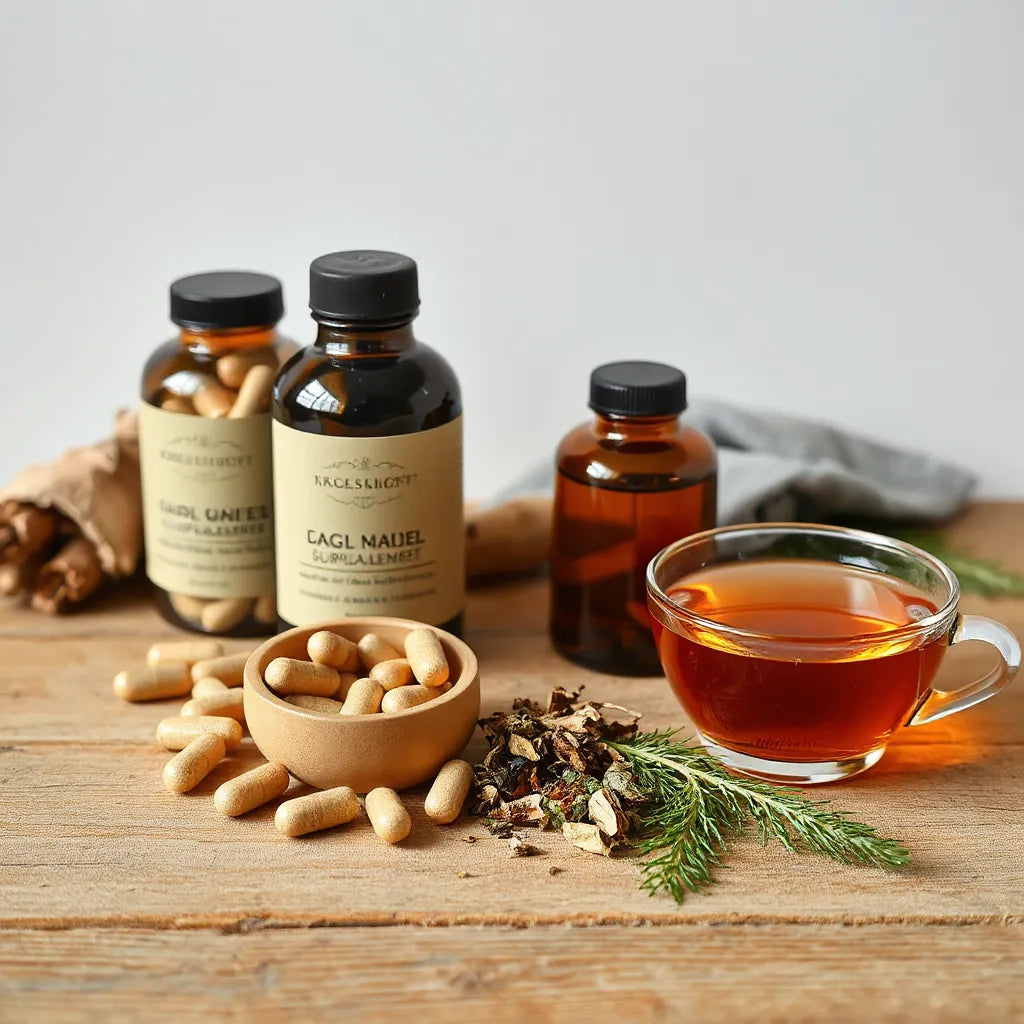 Assortment of herbal supplement bottles, capsules, and dried herbs on a wooden countertop with soft daylight