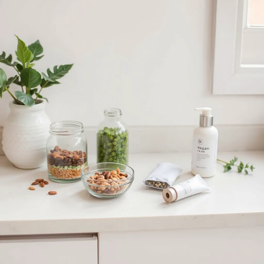 Plant-based wellness jars, tea, and seeds arranged neatly on a light countertop