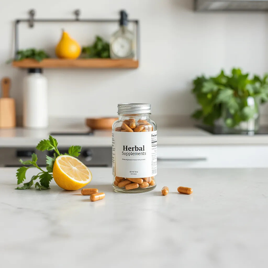 Herbal supplement capsules on a clean countertop with a glass bottle and fresh herbs in soft daylight
