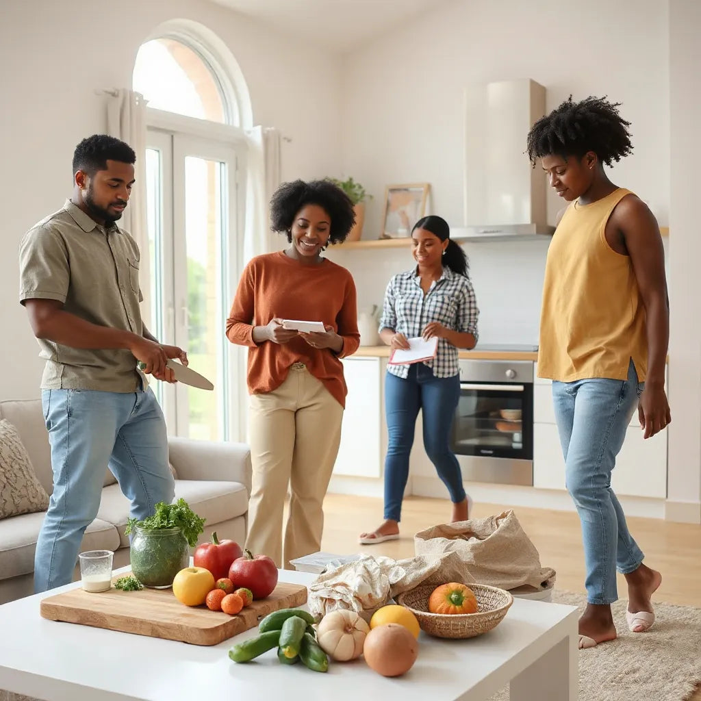Diverse Black American adults preparing healthy meals and doing light wellness activities at home