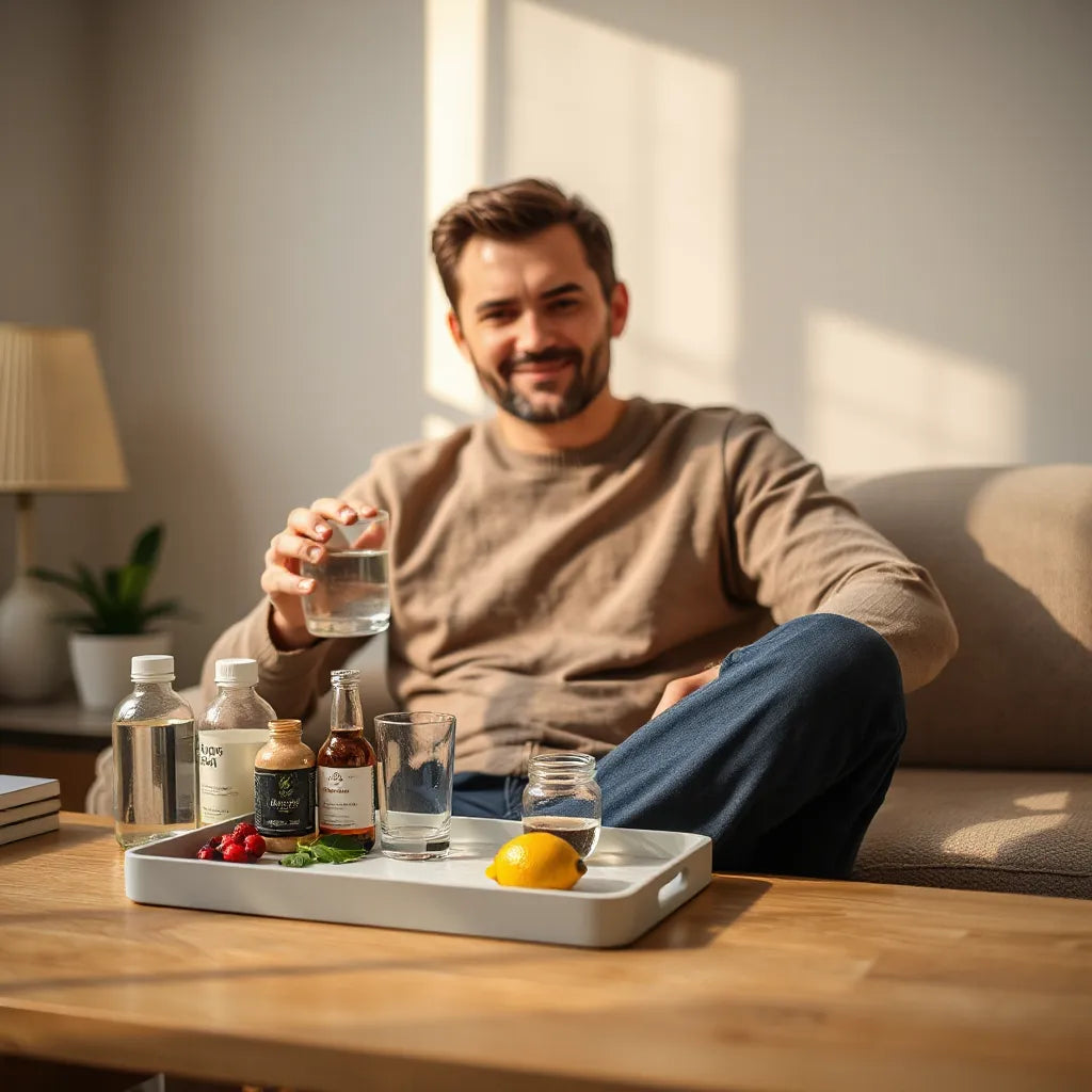 Adult man relaxing at a desk with water and natural wellness items in a clean, minimal setting