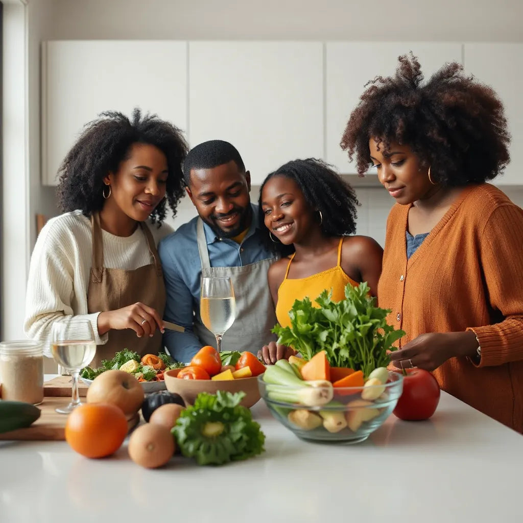 African American family preparing a healthy meal with fresh vegetables in a bright kitchen