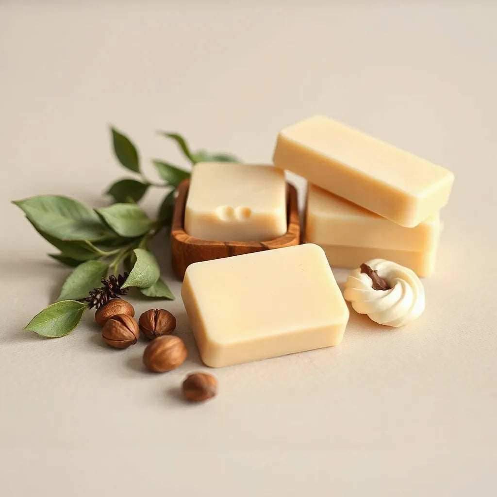 Handcrafted shea butter soap bars with shea nuts on a wooden dish