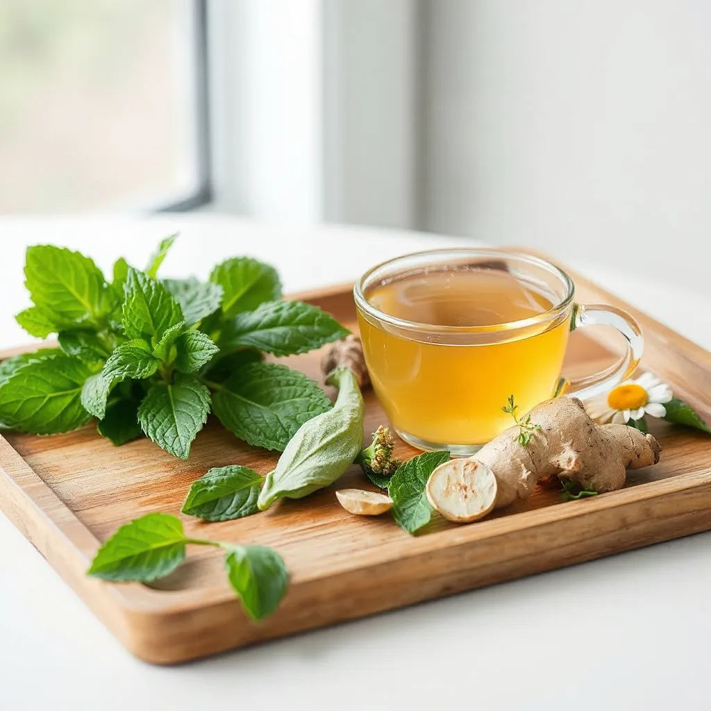 Steaming herbal tea with fresh mint, ginger, and chamomile on a wooden tray in soft natural light