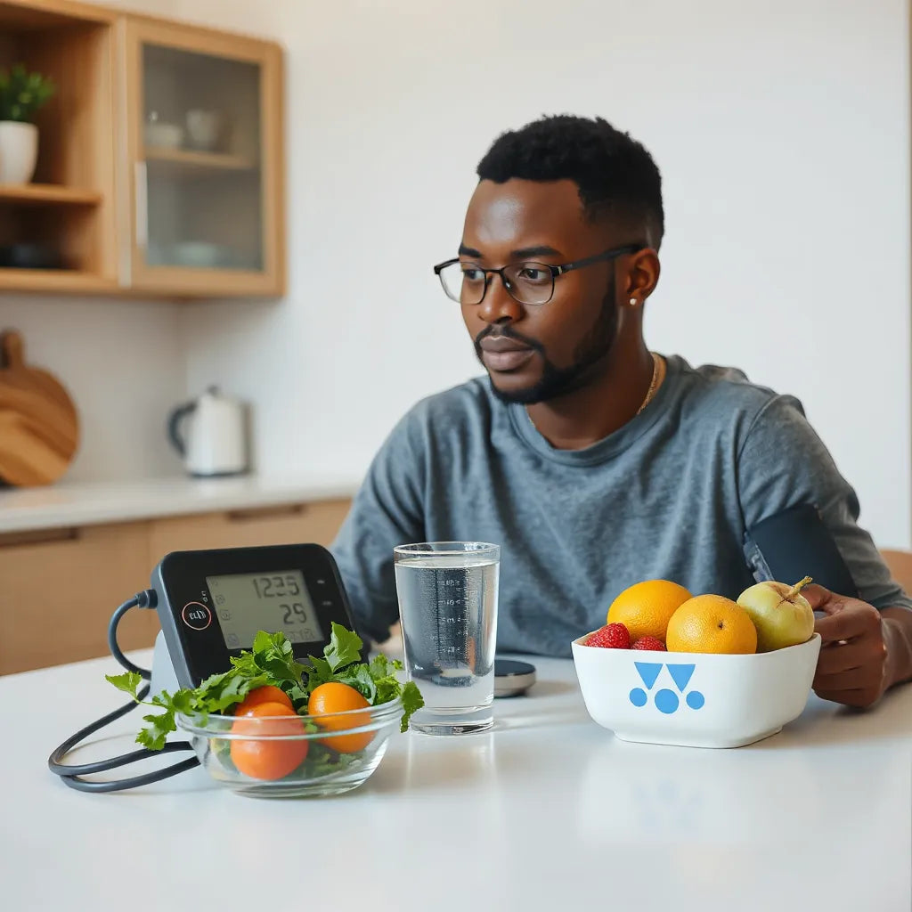 African American adult reviewing a blood pressure monitor with fresh fruits and leafy greens nearby