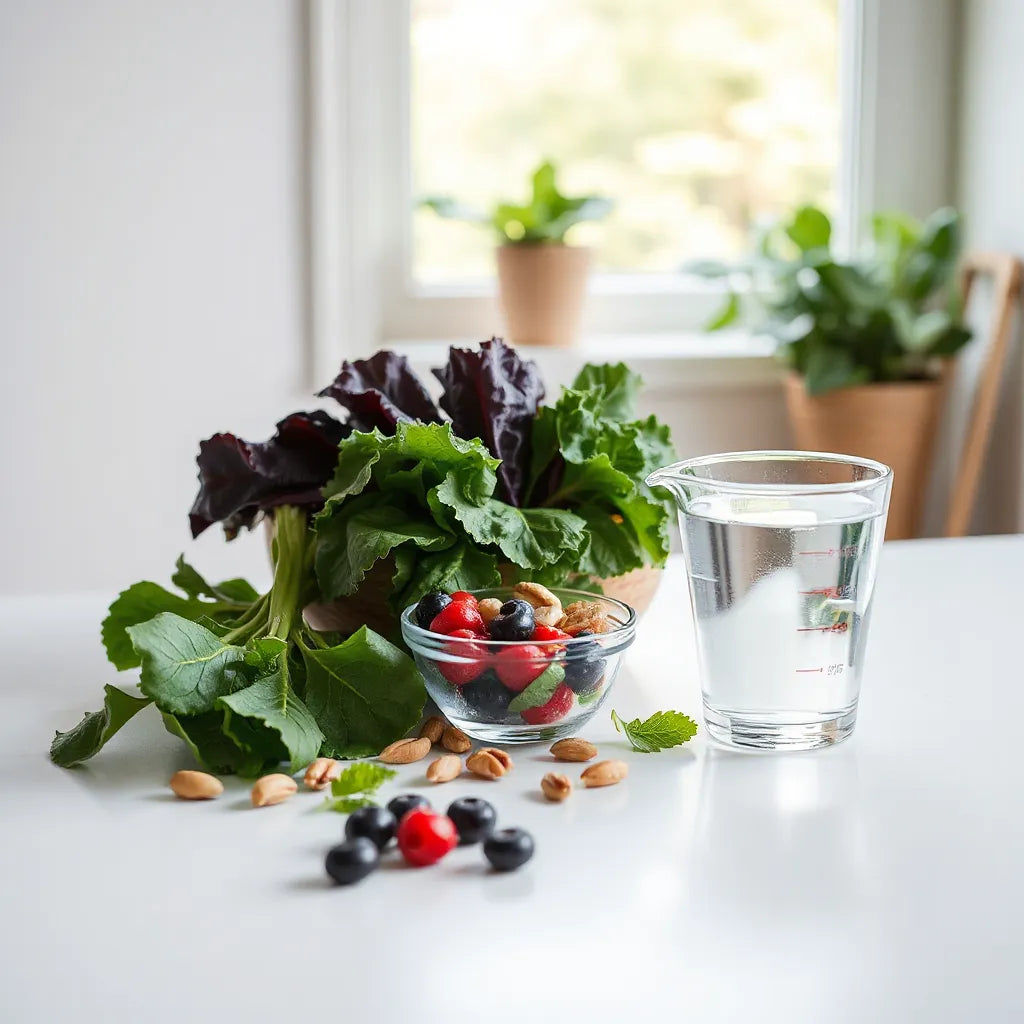 Fresh whole foods and water on a kitchen counter in warm natural light, suggesting mindful weight support