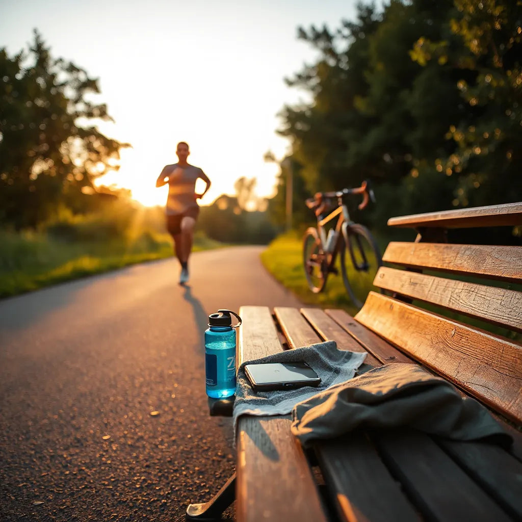 Runner warming up at sunrise with sports gear on a bench before an endurance workout