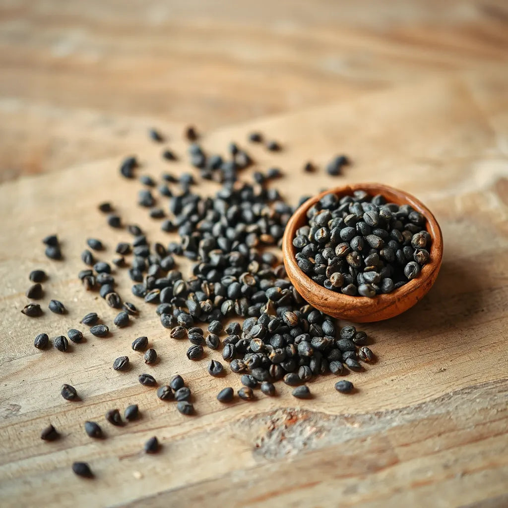 Raw black cumin seeds scattered on wood with a small bowl of seeds nearby