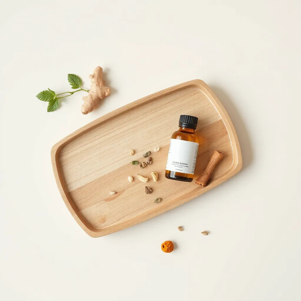 Dried herbs and a small glass bottle on a wooden tray for a detox supplement article