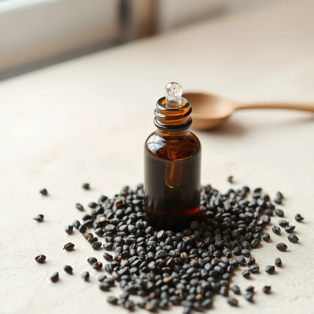 Glass bottle of black seed oil with dropper beside black cumin seeds on a light background